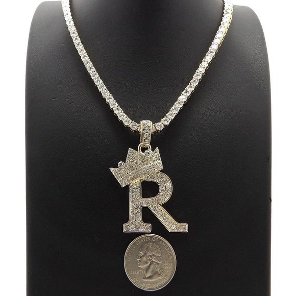 Initial Letter "R" Pendant Tennis Chain Necklace - Picture 1 of 10